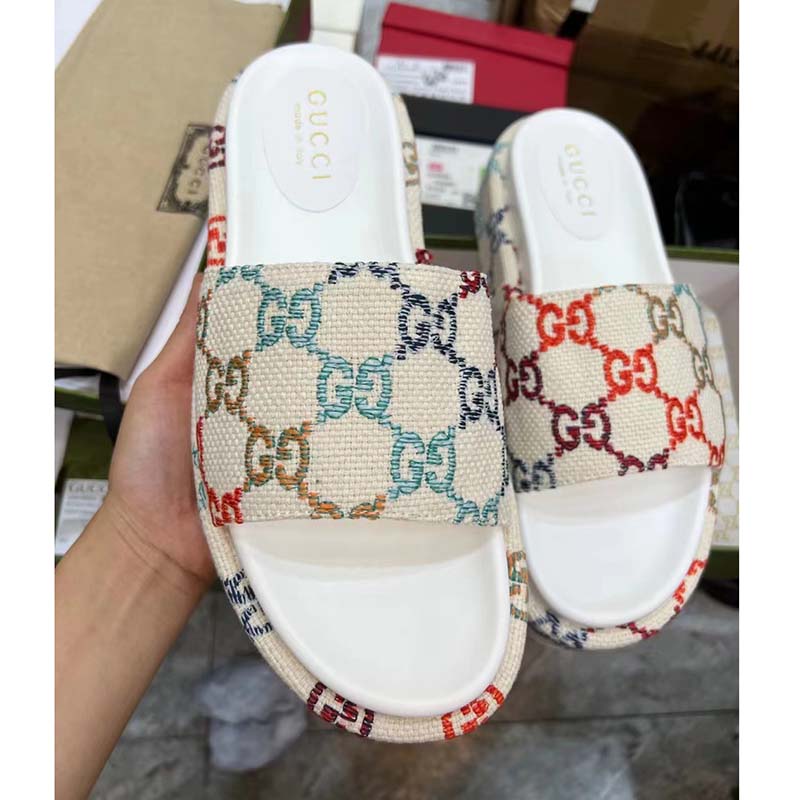 Gucci Unisex Platform Slide Sandal Multicolor GG Linen Fabric Mid 6 Cm Heel