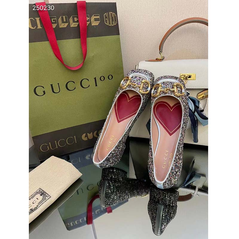 Gucci Women GG Lovelight Crystal Ballet Flat Horsebit Multicolor Crystal Leather