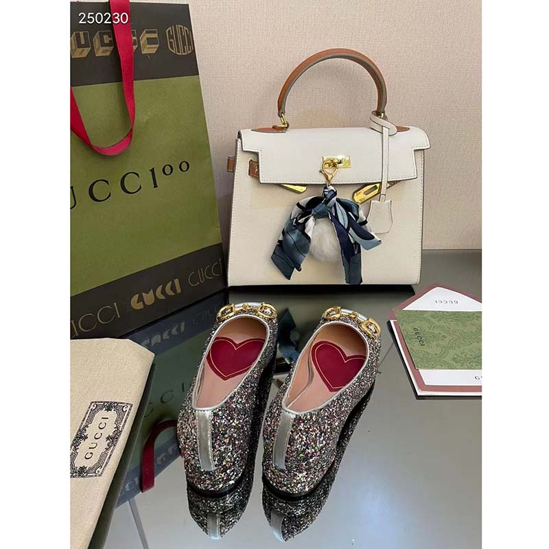 Gucci Women GG Lovelight Crystal Ballet Flat Horsebit Multicolor Crystal Leather