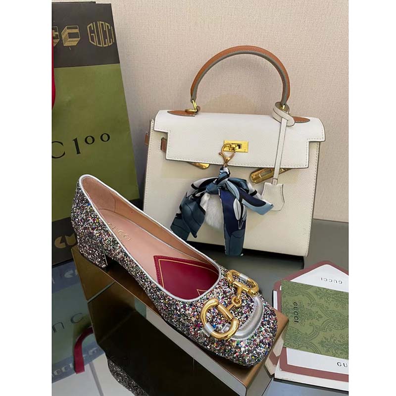 Gucci Women GG Lovelight Crystal Ballet Flat Horsebit Multicolor Crystal Leather