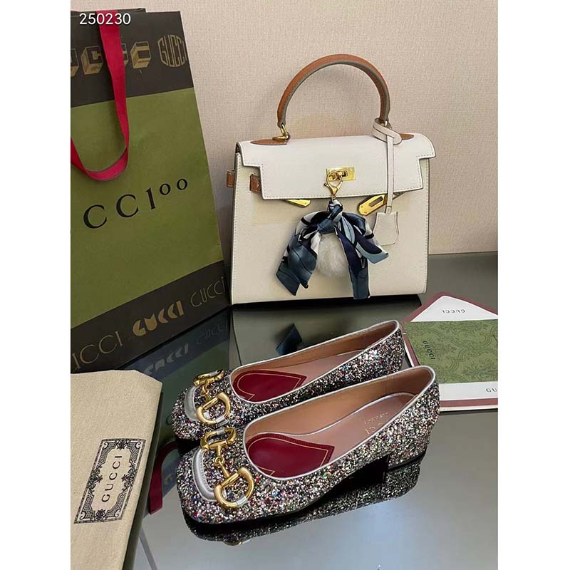 Gucci Women GG Lovelight Crystal Ballet Flat Horsebit Multicolor Crystal Leather