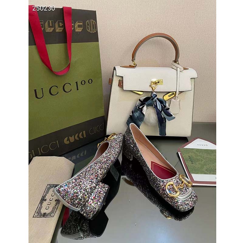 Gucci Women GG Lovelight Crystal Ballet Flat Horsebit Multicolor Crystal Leather