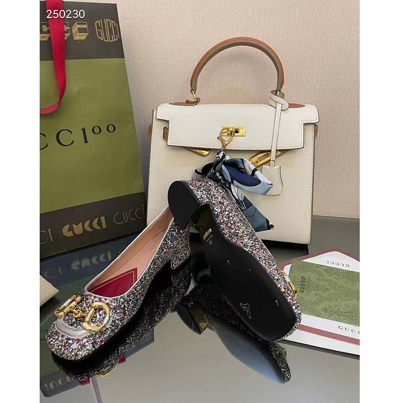 Gucci Women GG Lovelight Crystal Ballet Flat Horsebit Multicolor Crystal Leather