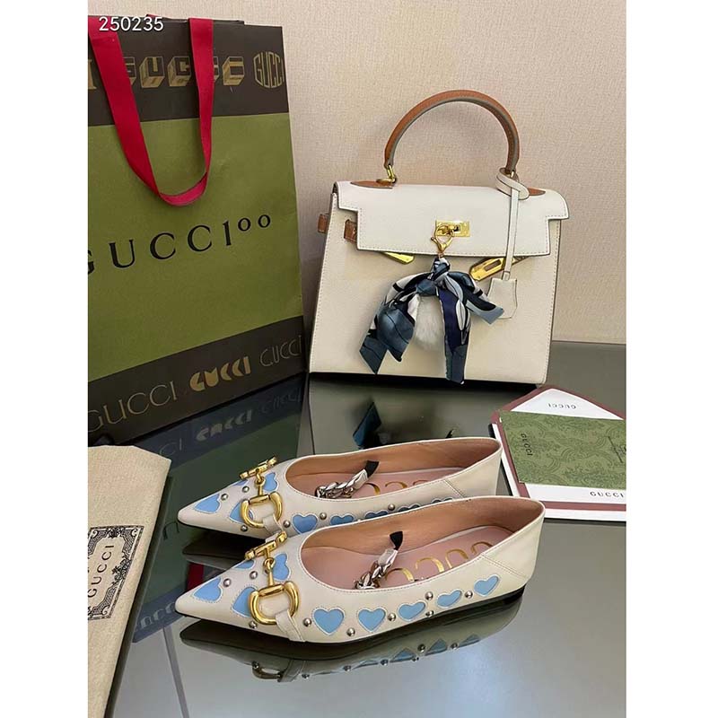 Gucci Women GG Lovelight Crystal Ballet Flat Horsebit White Leather Crystals