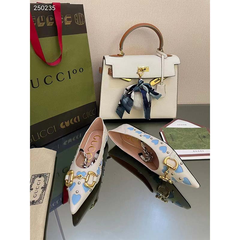 Gucci Women GG Lovelight Crystal Ballet Flat Horsebit White Leather Crystals