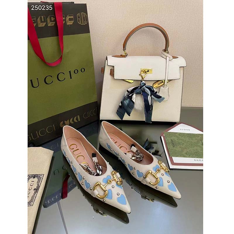 Gucci Women GG Lovelight Crystal Ballet Flat Horsebit White Leather Crystals