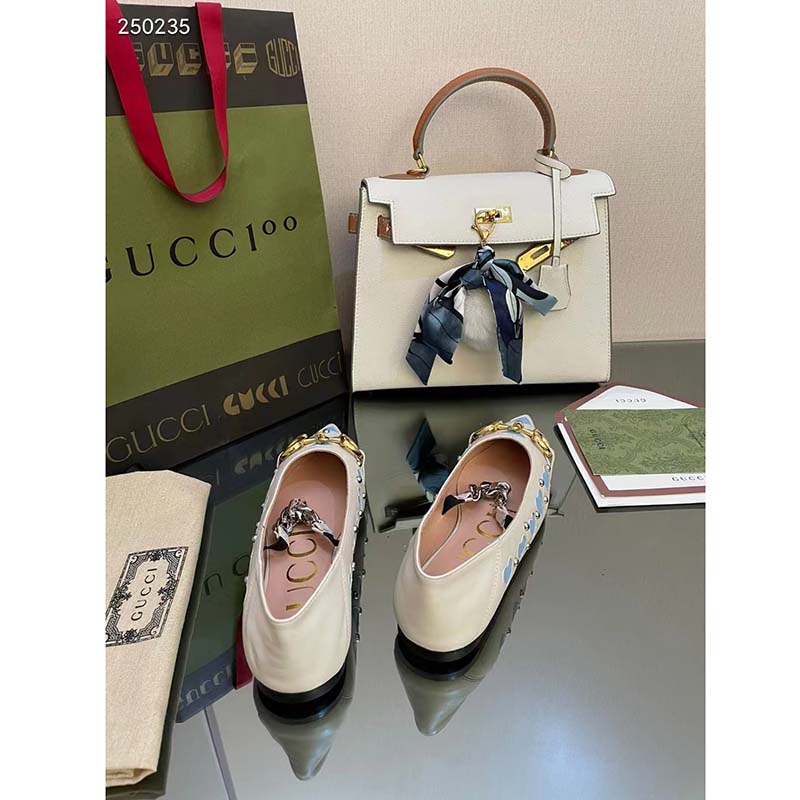 Gucci Women GG Lovelight Crystal Ballet Flat Horsebit White Leather Crystals