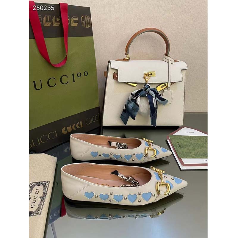 Gucci Women GG Lovelight Crystal Ballet Flat Horsebit White Leather Crystals