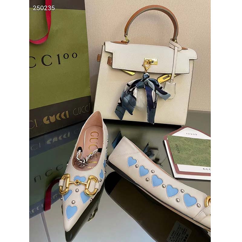 Gucci Women GG Lovelight Crystal Ballet Flat Horsebit White Leather Crystals