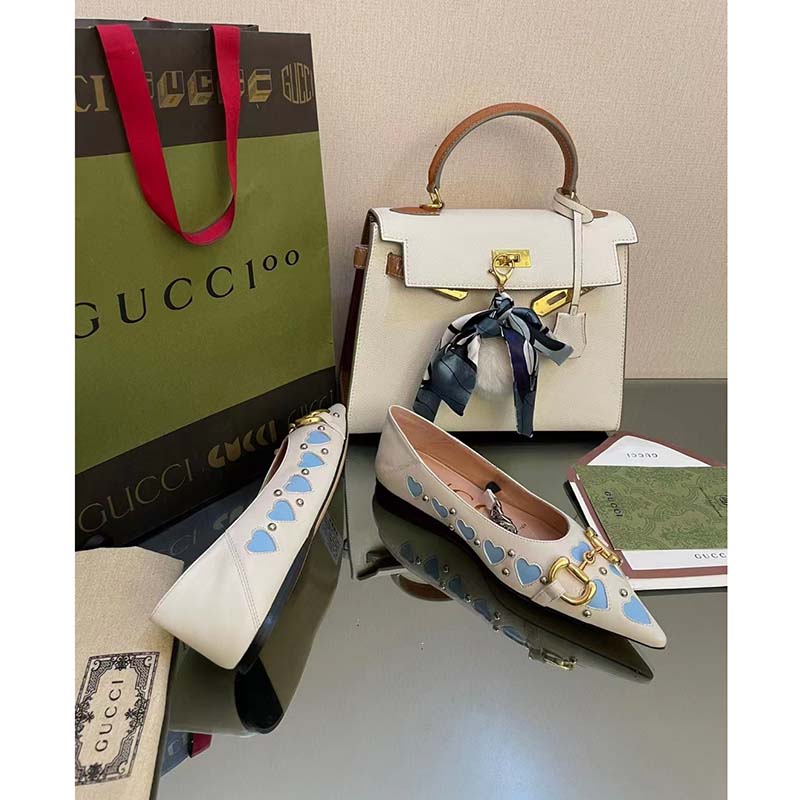 Gucci Women GG Lovelight Crystal Ballet Flat Horsebit White Leather Crystals