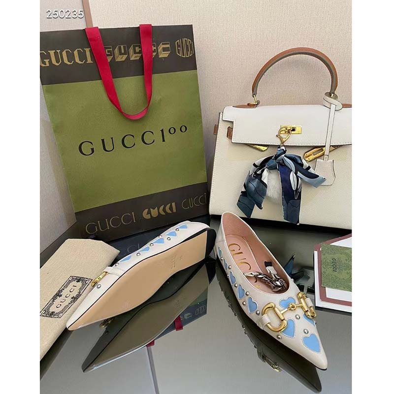 Gucci Women GG Lovelight Crystal Ballet Flat Horsebit White Leather Crystals