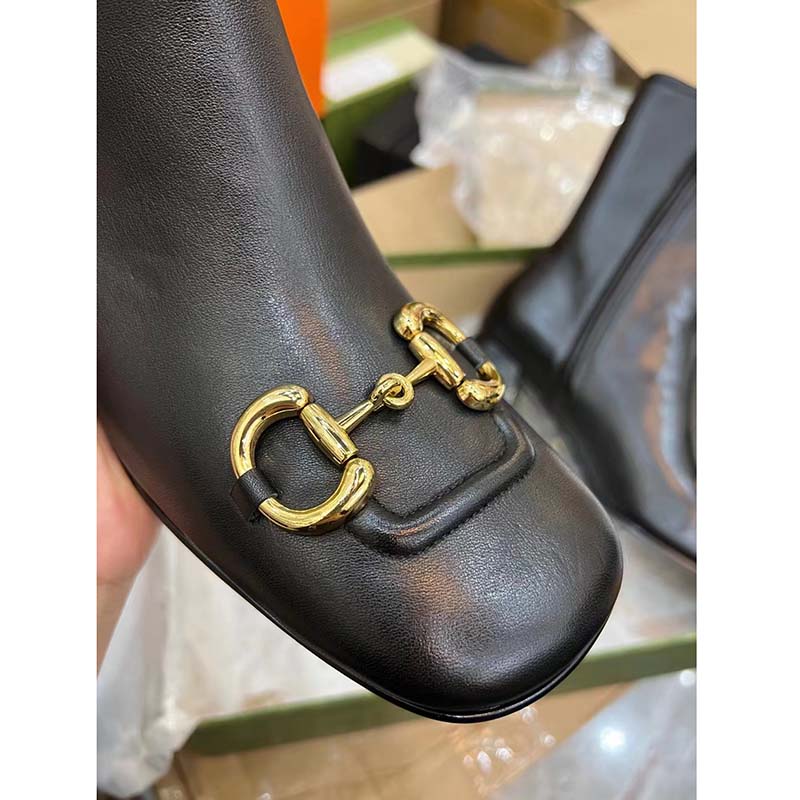 Gucci Women GG Mid-Heel Ankle Boot Horsebit Black Leather 6 Cm Heel