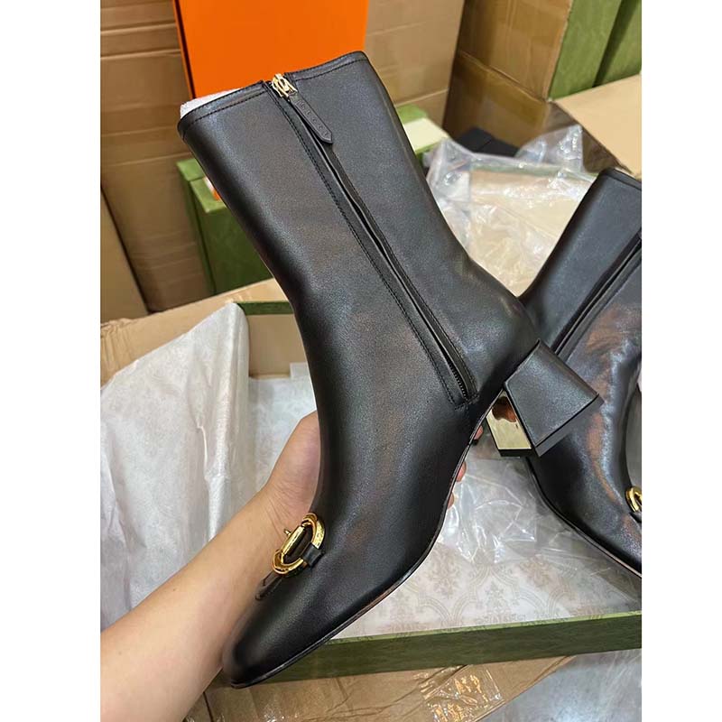 Gucci Women GG Mid-Heel Ankle Boot Horsebit Black Leather 6 Cm Heel