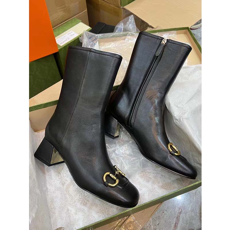 Gucci Women GG Mid-Heel Ankle Boot Horsebit Black Leather 6 Cm Heel