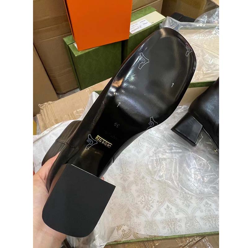 Gucci Women GG Mid-Heel Ankle Boot Horsebit Black Leather 6 Cm Heel