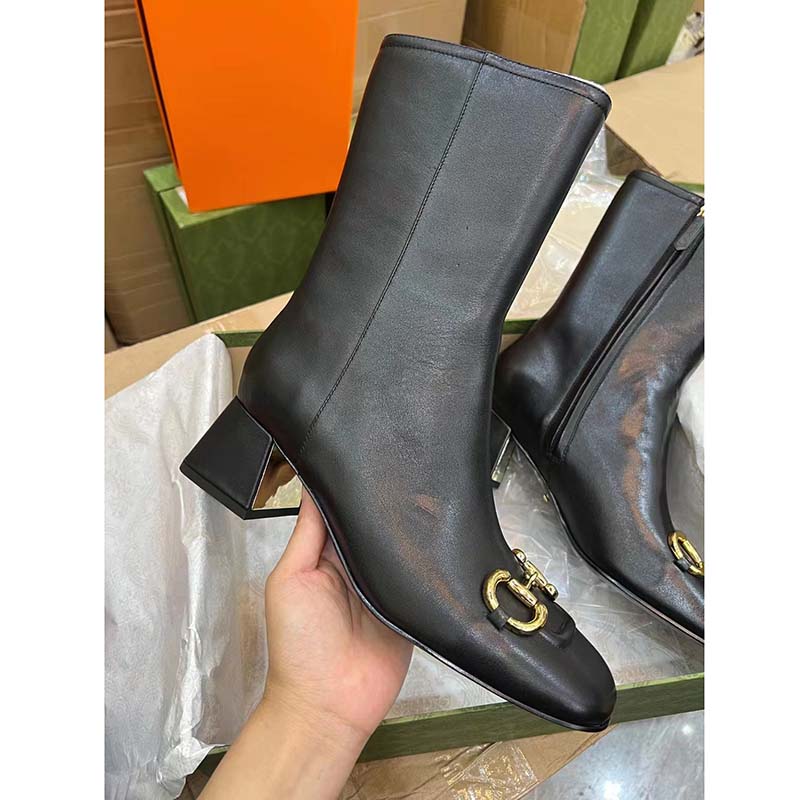 Gucci Women GG Mid-Heel Ankle Boot Horsebit Black Leather 6 Cm Heel