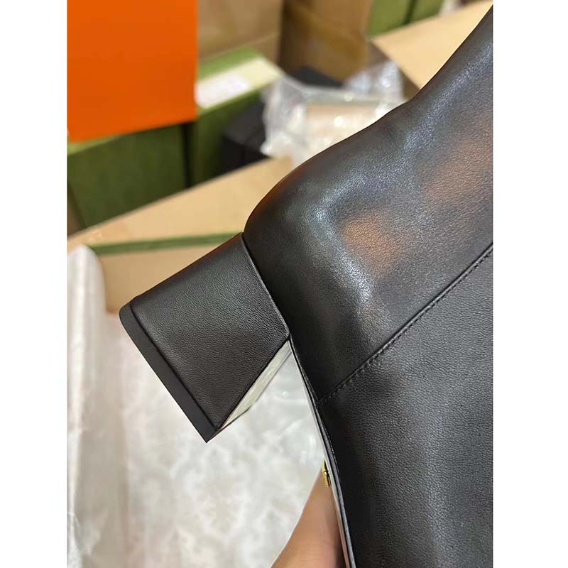Gucci Women GG Mid-Heel Ankle Boot Horsebit Black Leather 6 Cm Heel