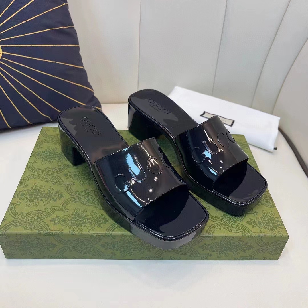 Gucci Women GG Rubber Slide Sandal Black Mid-Heel 6 Cm Heel