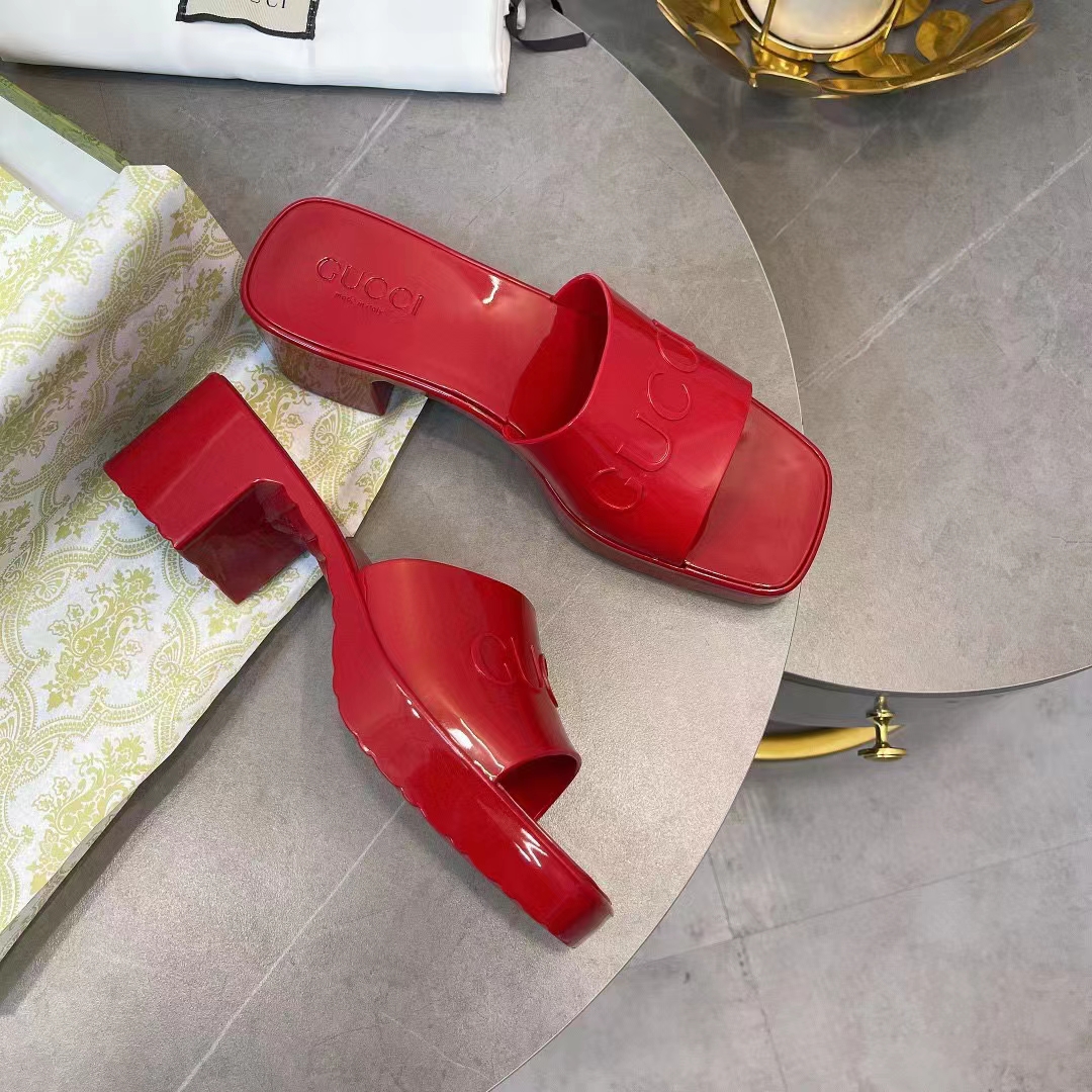 Gucci Women GG Rubber Slide Sandal Hibiscus Red Mid-Heel 6 Cm Heel