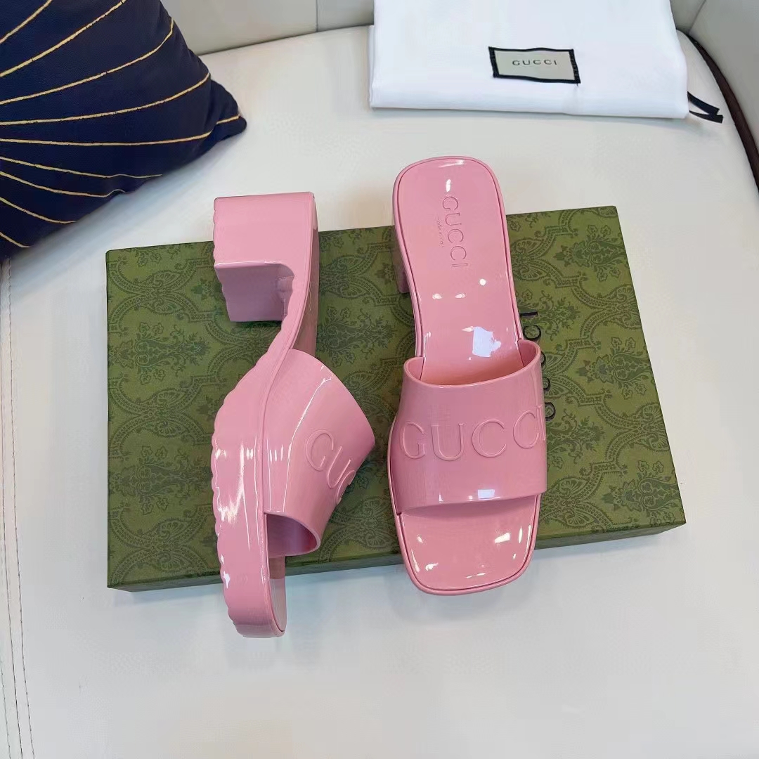 Gucci Women GG Rubber Slide Sandal Pastel Pink 6 Cm Heel