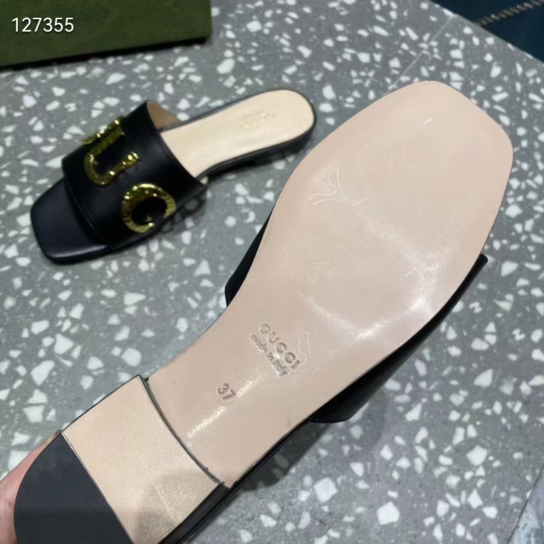 Gucci Women GG Slide Sandal Black Leather Textured Logo Star Flat 1 Cm Heel