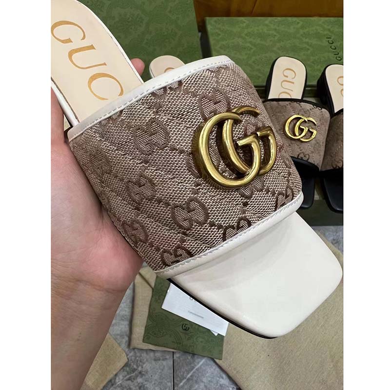 Gucci Women GG Slide Sandal Double G Beige Ebony Orignal GG Canvas