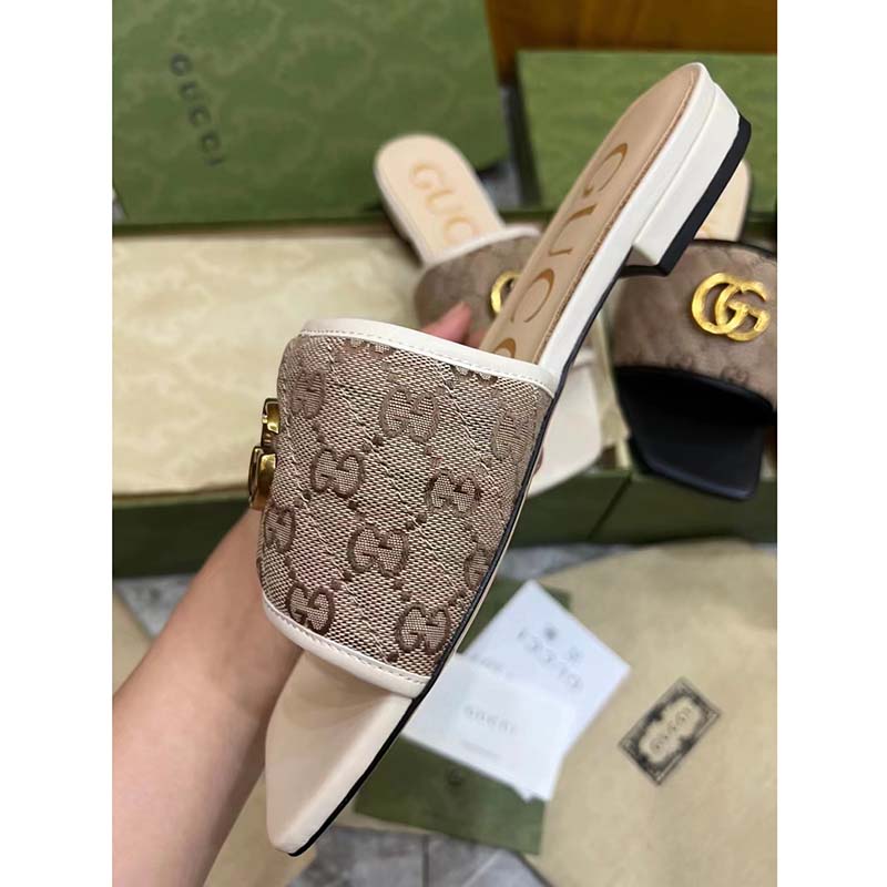 Gucci Women GG Slide Sandal Double G Beige Ebony Orignal GG Canvas