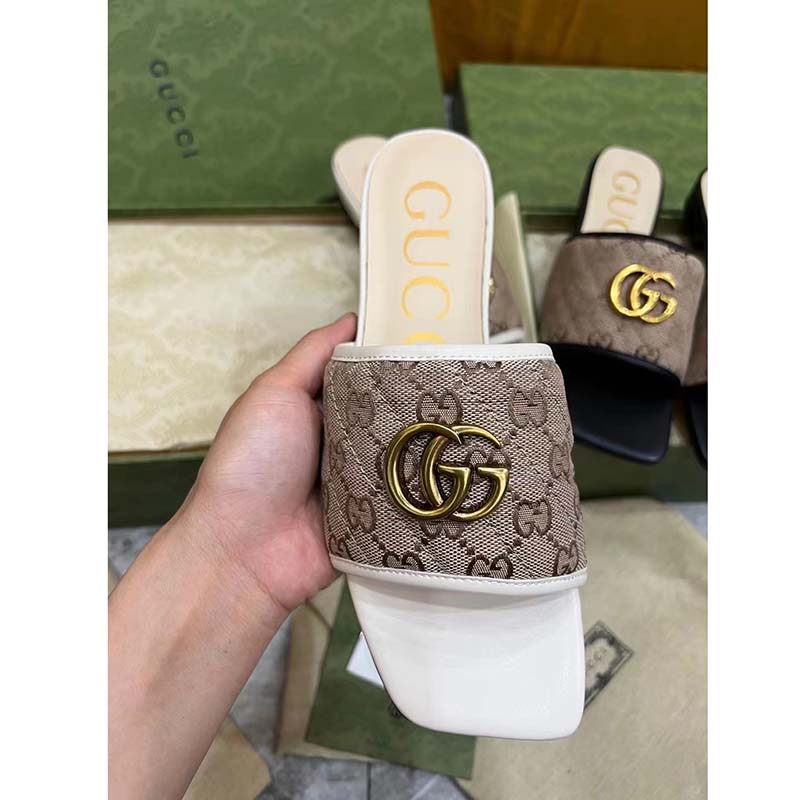 Gucci Women GG Slide Sandal Double G Beige Ebony Orignal GG Canvas