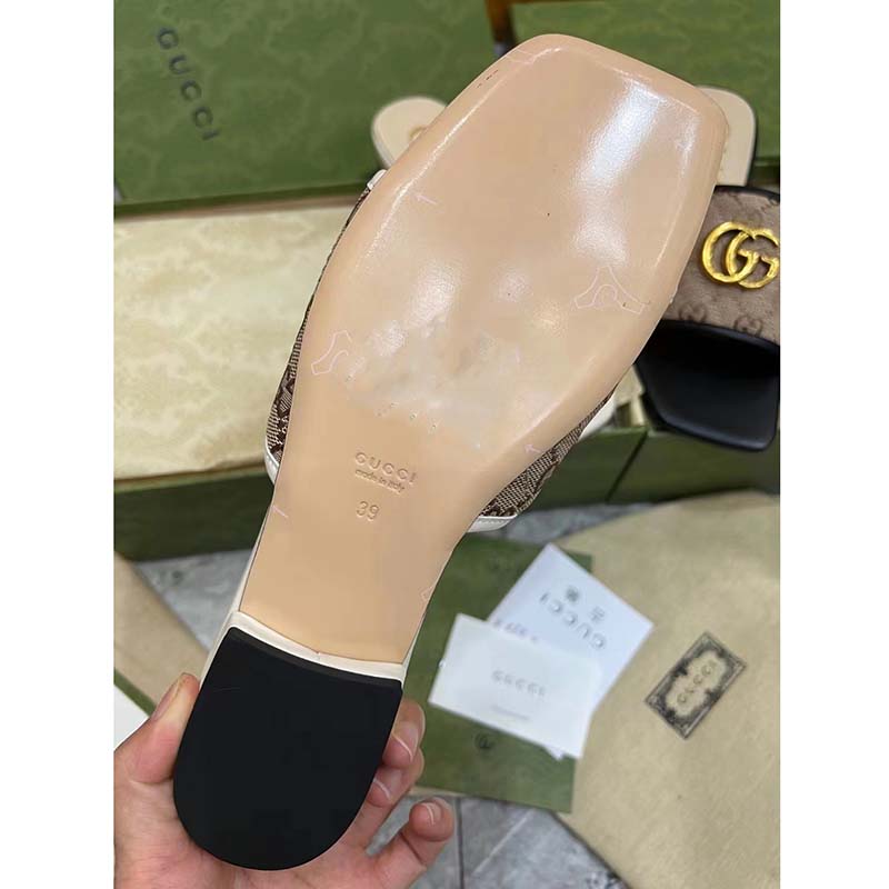 Gucci Women GG Slide Sandal Double G Beige Ebony Orignal GG Canvas