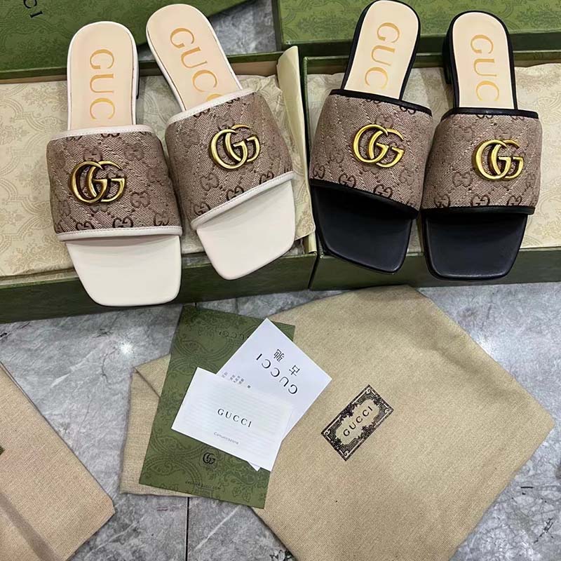 Gucci Women GG Slide Sandal Double G Beige Ebony Orignal GG Canvas