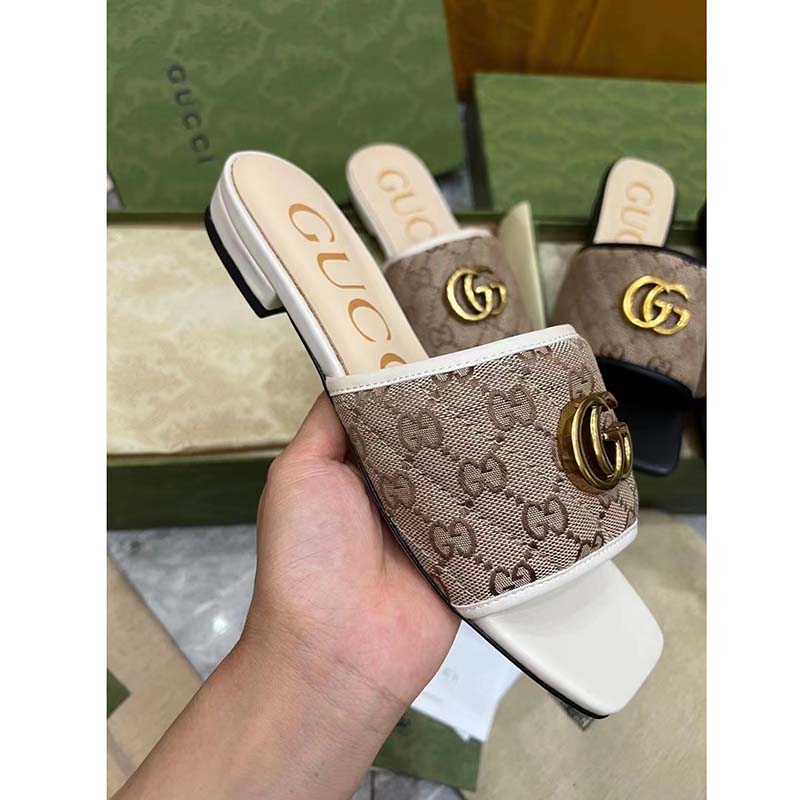Gucci Women GG Slide Sandal Double G Beige Ebony Orignal GG Canvas
