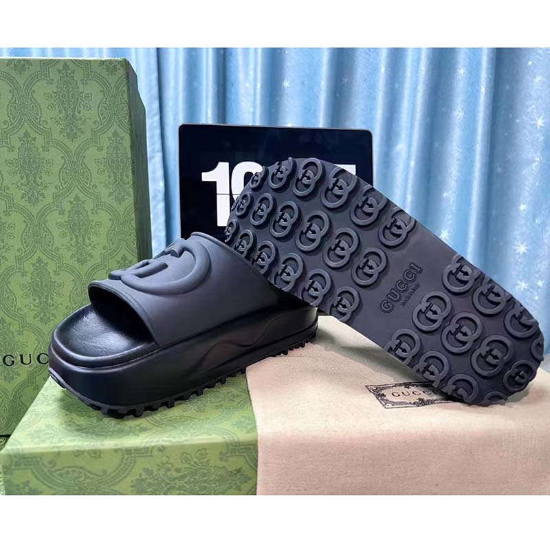 Gucci Women GG Slide Sandal Interlocking G Black Rubber Low Heel