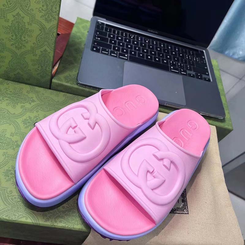 Gucci Women GG Slide Sandal Interlocking G Pink Purple Rubber Low Heel