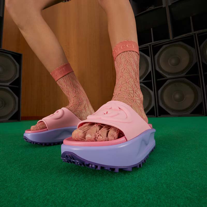 Gucci Women GG Slide Sandal Interlocking G Pink Purple Rubber Low Heel