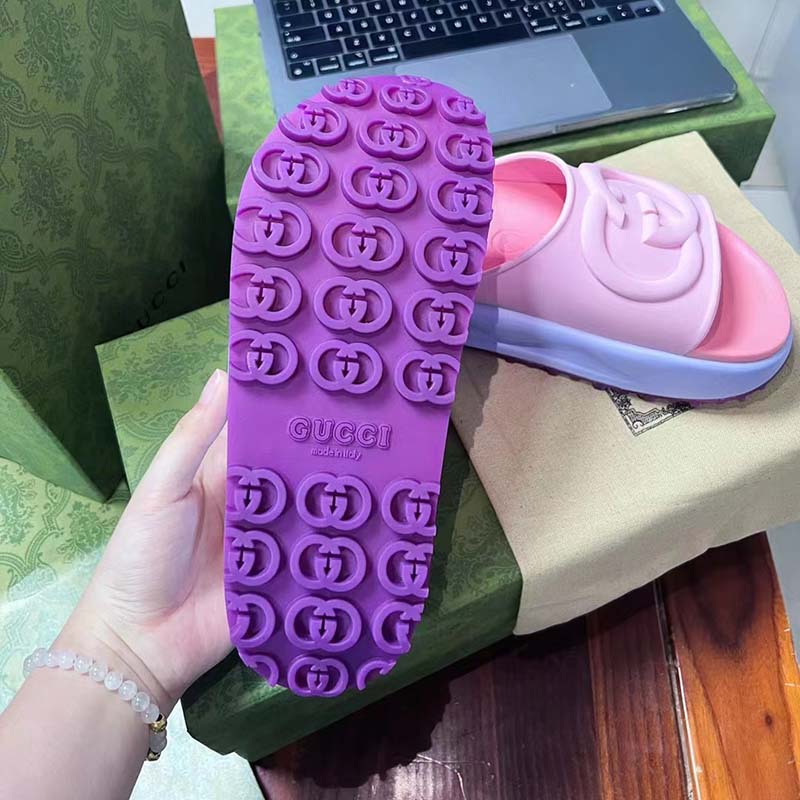 Gucci Women GG Slide Sandal Interlocking G Pink Purple Rubber Low Heel