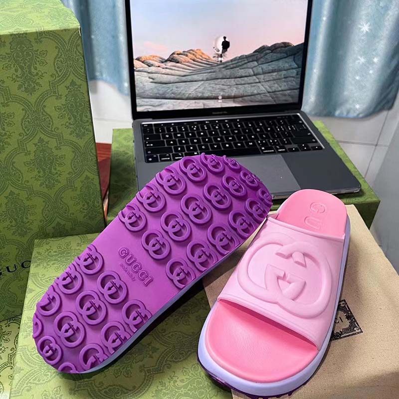 Gucci Women GG Slide Sandal Interlocking G Pink Purple Rubber Low Heel