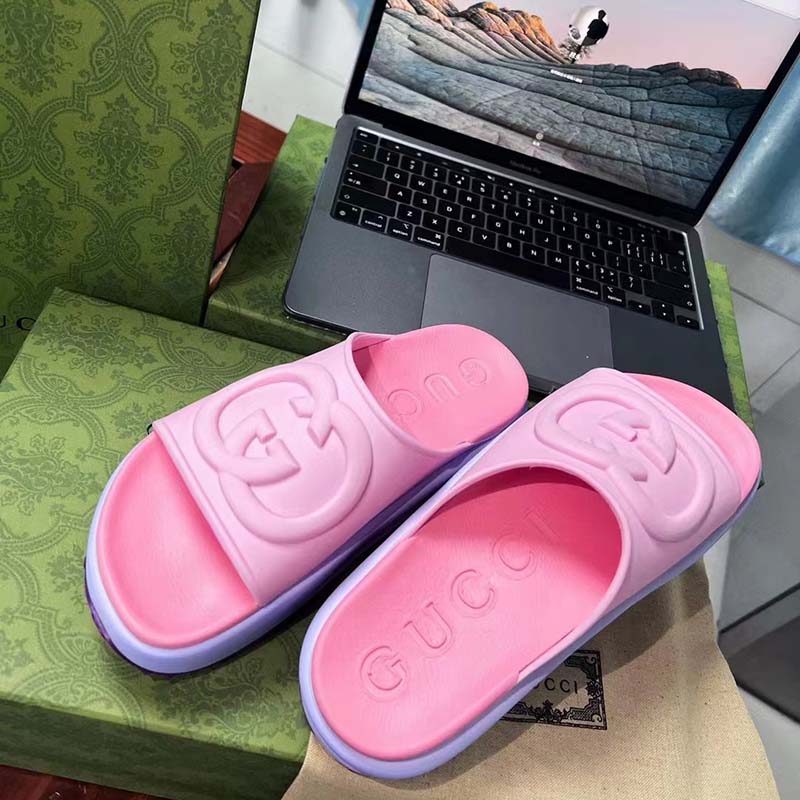 Gucci Women GG Slide Sandal Interlocking G Pink Purple Rubber Low Heel