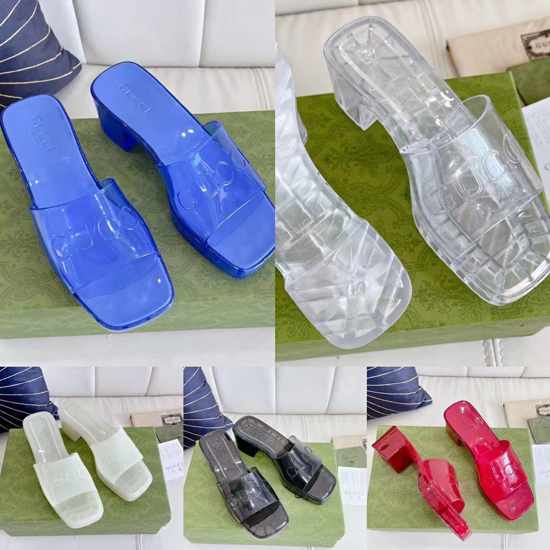 Gucci Women GG Slide Sandal Logo Blue Transparent Rubber 6 Cm Heel