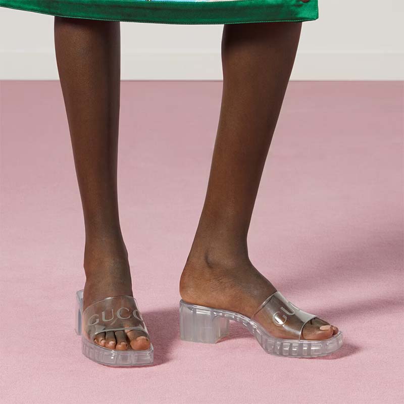 Gucci Women GG Slide Sandal Logo White Transparent Rubber 6 Cm Heel