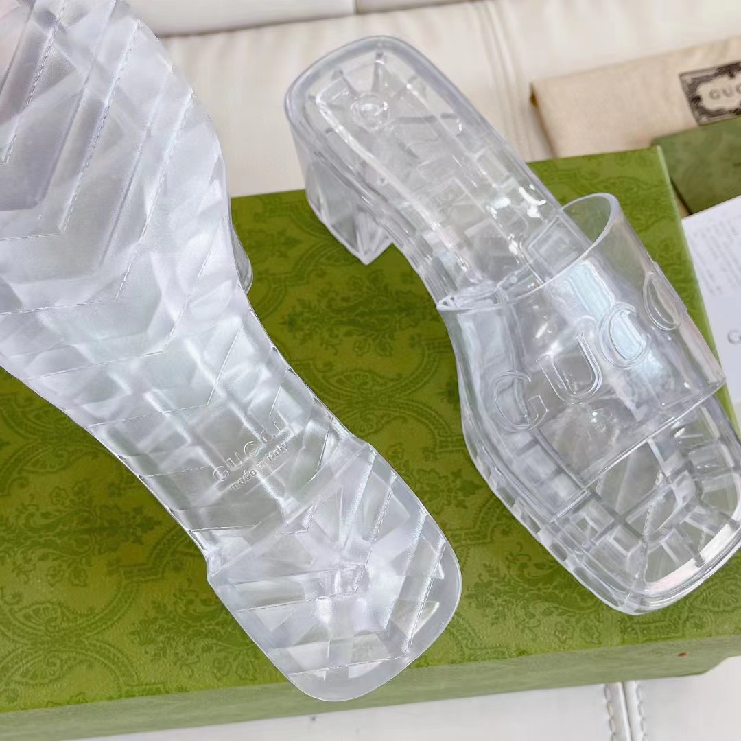 Gucci Women GG Slide Sandal Logo White Transparent Rubber 6 Cm Heel