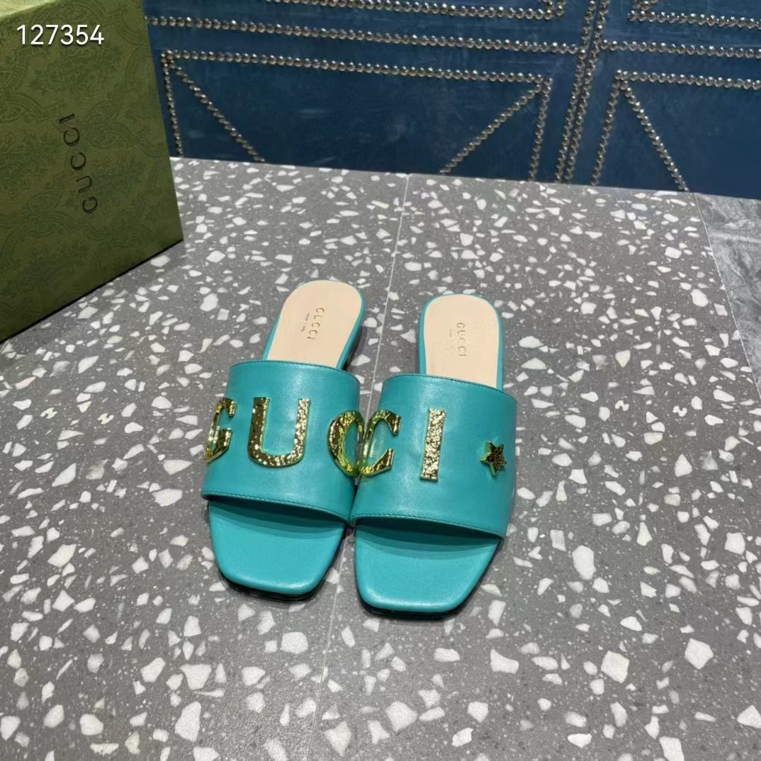Gucci Women GG Slide Sandal Turquoise Leather Textured Logo Star Flat 1 Cm Heel