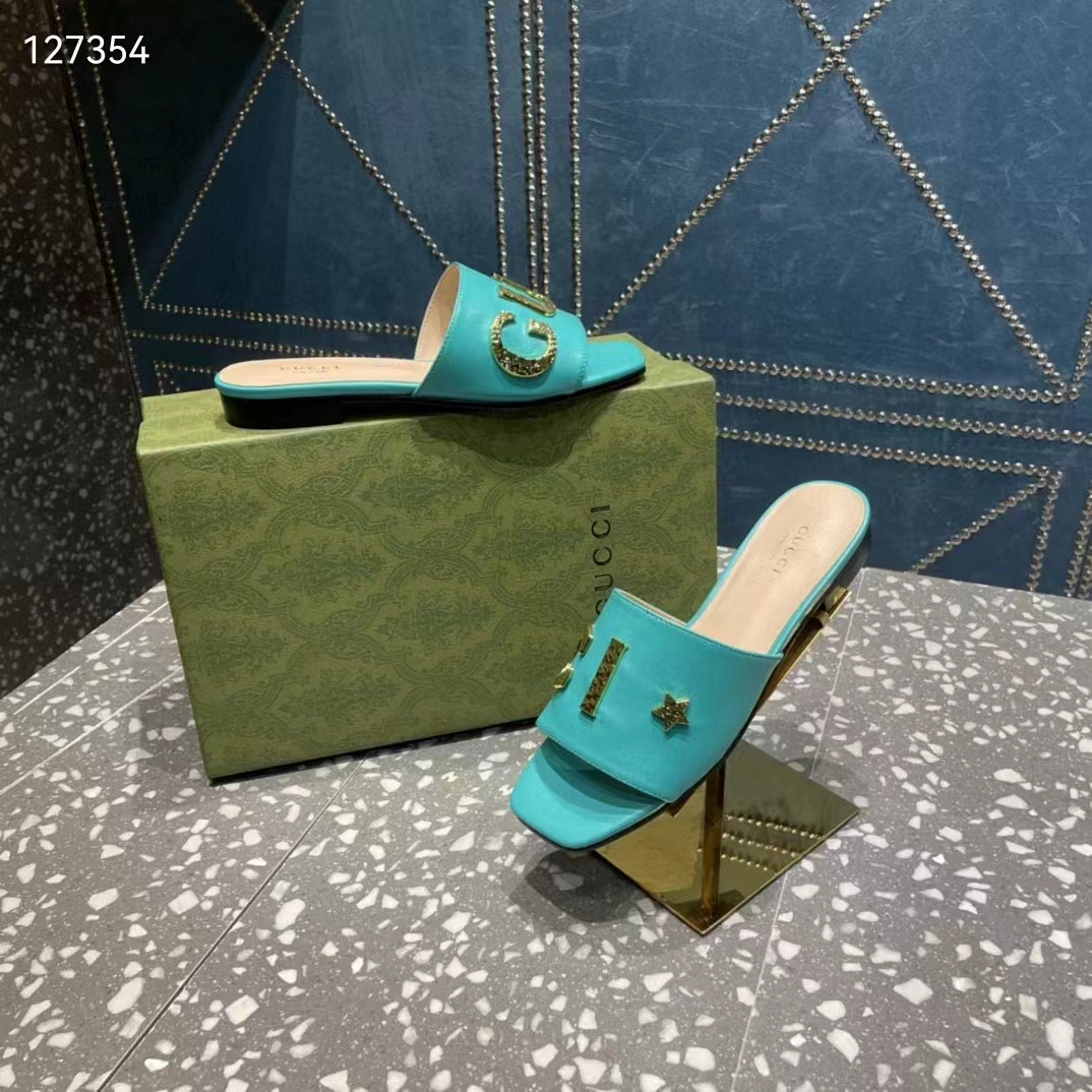 Gucci Women GG Slide Sandal Turquoise Leather Textured Logo Star Flat 1 Cm Heel