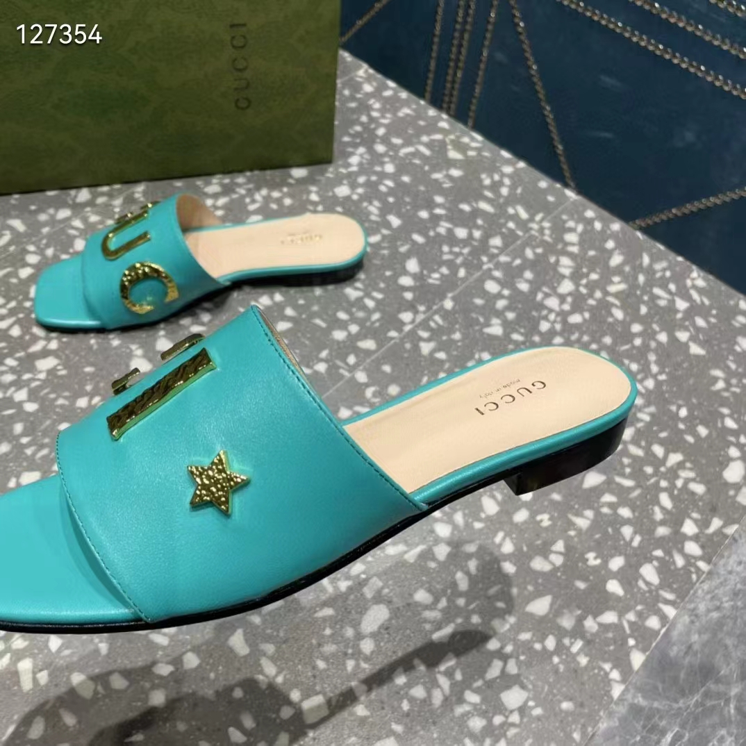 Gucci Women GG Slide Sandal Turquoise Leather Textured Logo Star Flat 1 Cm Heel