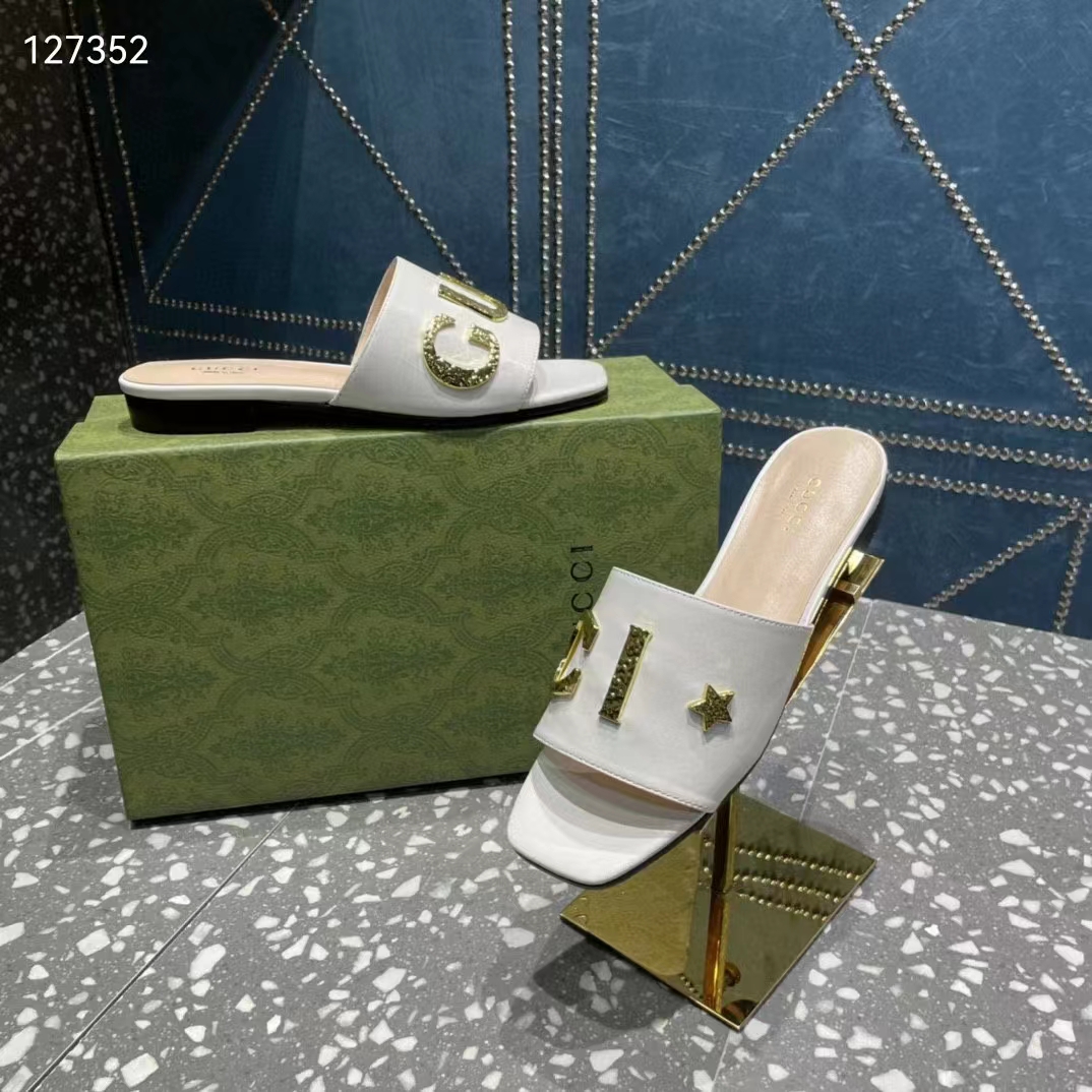 Gucci Women GG Slide Sandal White Leather Textured Logo Star Flat 1 Cm Heel