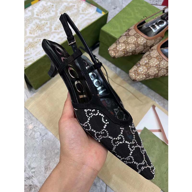 Gucci Women GG Slingback Pump Black Mesh GG Crystals Low 4 cm Heel