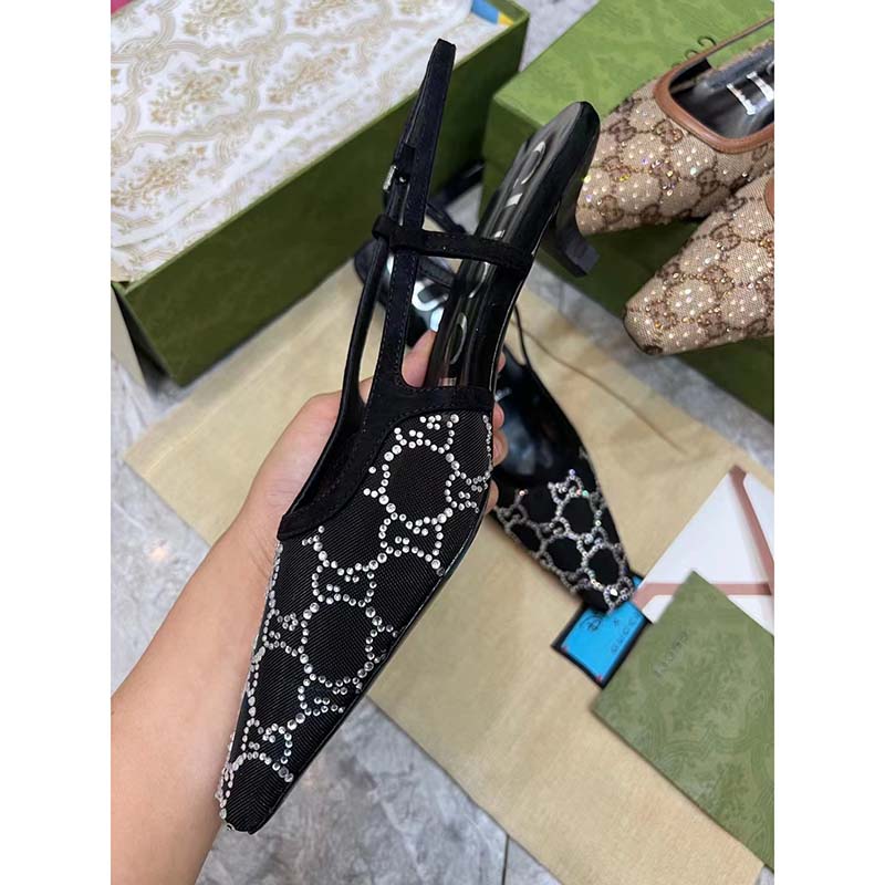 Gucci Women GG Slingback Pump Black Mesh GG Crystals Low 4 cm Heel