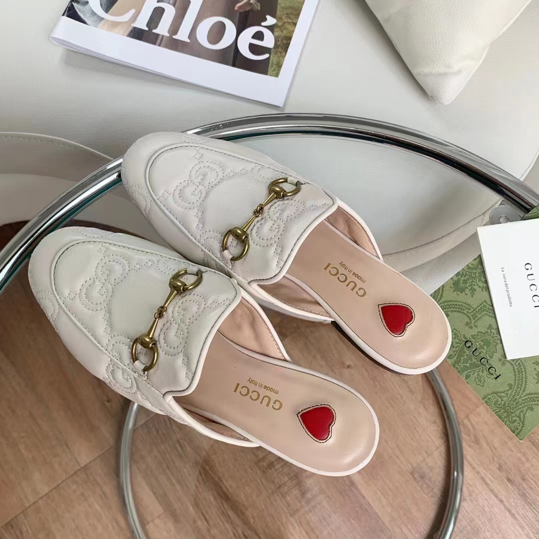 Gucci Women Maxi GG Matelassé Princetown Slipper White Horsebit Leather Sole Flat