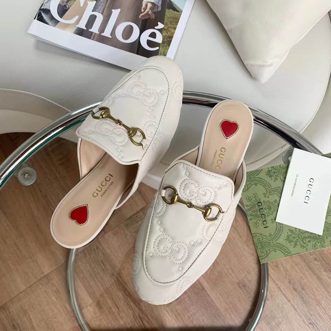 Gucci Women Maxi GG Matelassé Princetown Slipper White Horsebit Leather Sole Flat