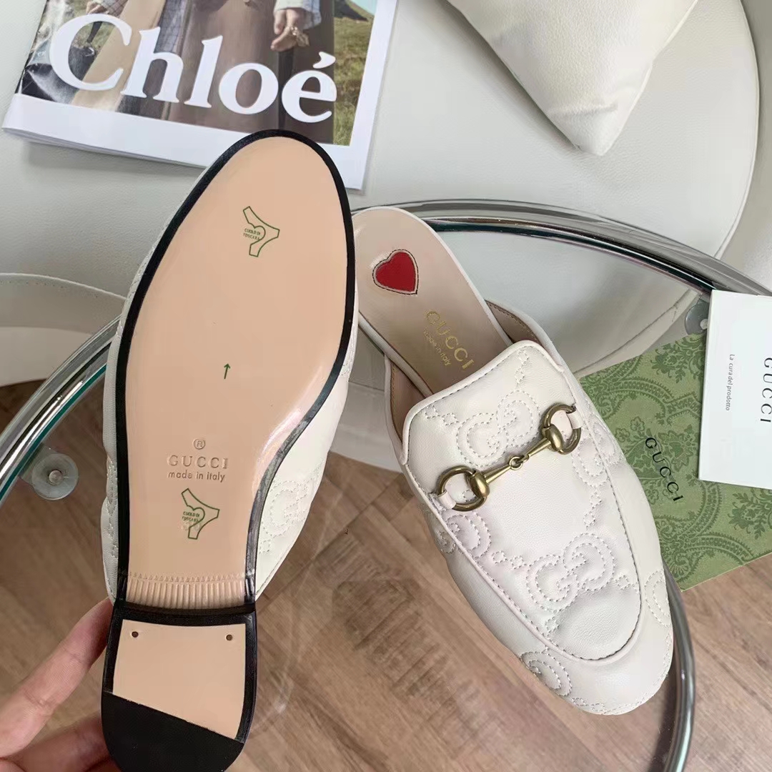 Gucci Women Maxi GG Matelassé Princetown Slipper White Horsebit Leather Sole Flat