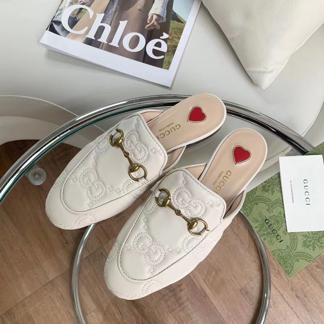 Gucci Women Maxi GG Matelassé Princetown Slipper White Horsebit Leather Sole Flat